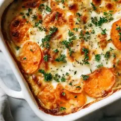 Un délicieux gratin de patate douce, gratiné et parsemé de persil frais, prêt à être dégusté.