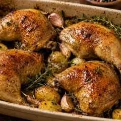 Quatre cuisses de pintade au four, dorées et juteuses, accompagnées de pommes de terre rôties, d'ail et de thym. Un plat savoureux prêt à être dégusté.