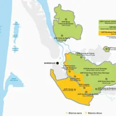 Carte des appellations de Bordeaux, incluant les Graves de Vayres, avec leurs zones de production et types de vins.