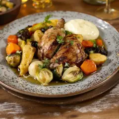 Pintade rôtie avec purée, carottes, panais, choux de Bruxelles et prunes. Quel accompagnement avec une pintade aux morilles ? Ce plat est une belle suggestion !