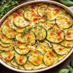 Un délicieux gratin de courgettes béchamel, doré au four, garni de fromage fondant et de quelques brins de thym frais.