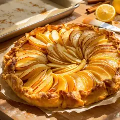Une magnifique tarte aux pommes sur pâte feuilletée, aux fines tranches de pommes dorées et caramélisées, prête à être dégustée.