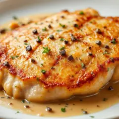 Un délicieux suprême de volaille doré, nappé d'une sauce onctueuse et parsemé de poivre concassé et de persil frais.