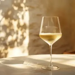 Verre de vin blanc baigné de soleil, évoquant la douceur et le taux de sucre dans le vin blanc. Ombre de feuilles sur le mur.