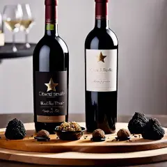 Deux bouteilles de vin rouge, l'une avec une étiquette noire, l'autre blanche, sont présentées avec des truffes noires et des bouchées gourmandes. Un accord parfait pour un vin avec truffade.