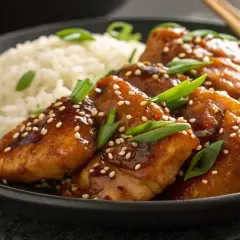 Délicieux poulet au miel glacé, parsemé de graines de sésame et d'oignons verts, servi avec du riz blanc.