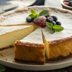 Un délicieux gâteau au fromage blanc, saupoudré de sucre glace et garni de fruits rouges et de menthe.