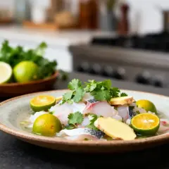 Un plat frais de ceviche de daurade, garni de coriandre, de gingembre et de quartiers de citron vert, prêt à être dégusté.
