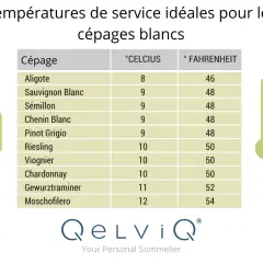 Tableau des températures idéales pour servir les cépages blancs. Un thermomètre et une bouteille de vin illustrent ce guide.