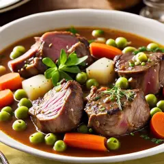 Navarin d'agneau facile et rapide : tendres morceaux d'agneau, carottes, pommes de terre et petits pois dans un bouillon savoureux.