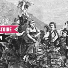 Gravure ancienne illustrant la récolte des raisins, évoquant l'origine du vin. Des vendangeurs, hommes et femmes, portent des paniers de fruits.
