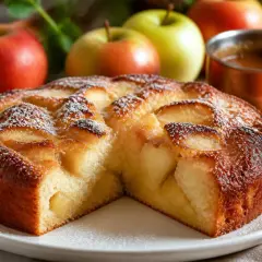 Un délicieux moelleux aux pommes, saupoudré de sucre glace, avec des pommes fraîches en arrière-plan.
