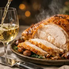 Un verre de vin blanc est versé près d'un chapon farci rôti, fumant et garni de marrons. Un repas festif.