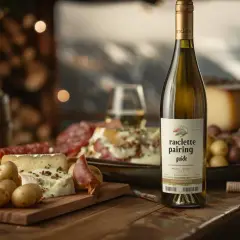 Bouteille de vin blanc, fromages, charcuterie et pommes de terre sur une planche. Une touche de citron pour parfaire l'accord parfait.