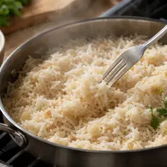 Un riz pilaf fumant, garni de coriandre fraîche et d'une feuille de laurier, est servi dans une poêle. Une fourchette prélève une portion de ce plat savoureux.