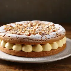 Gâteau rond garni de crème onctueuse et saupoudré d'amandes concassées. Une délicieuse dacquoise noisette à savourer.
