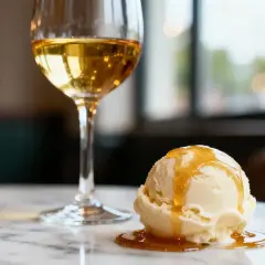 Une boule de glace à la vanille nappée de caramel, parfaite avec un verre de vin blanc. Une idée gourmande pour accompagner une boule de glace.