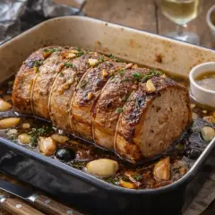 Un rôti de porc au vin blanc, doré et juteux, mijote dans son jus avec de l'ail et des herbes. Un délice prêt à être dégusté.