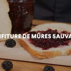 Tranche de pain tartinée de confiture de mûres sauvages, avec des mûres fraîches et un pot de confiture en arrière-plan.