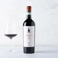 Verre de vin rouge et bouteille de Casello Aglianico del Vulture, un vin italien aux arômes intenses.