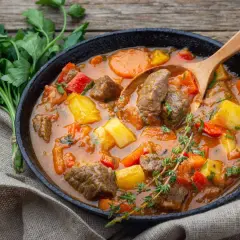 Un plat fumant de recette goulash hongroise traditionnelle, avec des morceaux de bœuf, pommes de terre, carottes et poivrons rouges, servi dans une poêle en fonte avec une cuillère en bois.