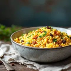 Un bol de riz créole parfumé, garni de persil frais, de raisins secs et d'anis étoilé. Une cuillère repose à côté.