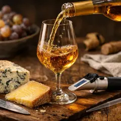 Verre de vin doré, dégustation de vins blancs sucrés avec fromages et raisins. Un réfractomètre suggère une mesure de sucre.