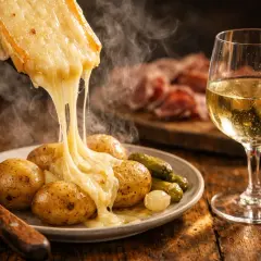Un fromage à raclette fondant coule sur des pommes de terre et des cornichons, accompagné d'un verre de vin blanc.