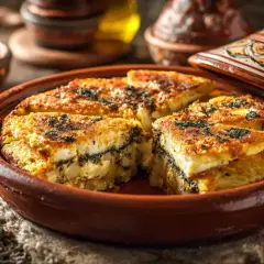 Un délicieux tajine tunisien aux œufs et herbes, servi dans un plat en terre cuite, avec des œufs frais et une touche de verdure.
