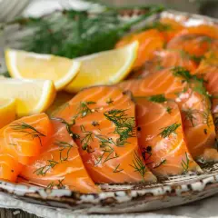 Tranches de saumon gravlax recette, garnies d'aneth frais et de poivre, servies avec des quartiers de citron sur une assiette rustique.