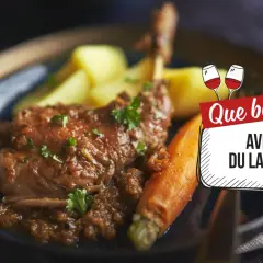 Un plat de lapin mijoté avec des carottes et des pommes de terre. La question "Que boire avec du lapin ?" est affichée.