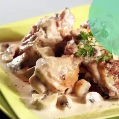 Un plat de fricassée de volaille crémeuse avec des champignons, garni de persil frais, servi dans une assiette jaune vif.