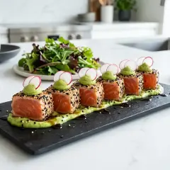 Tataki de saumon enrobé de sésame, servi sur une purée d'avocat avec des radis et une salade verte en arrière-plan.