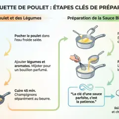 Étapes pour une blanquette de volaille parfaite : cuisson du poulet et des légumes, puis préparation d'une sauce blanche onctueuse.