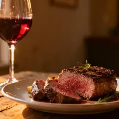 Un verre de vin rouge accompagne un délicieux filet mignon, le tout baignant dans la lumière du soleil.