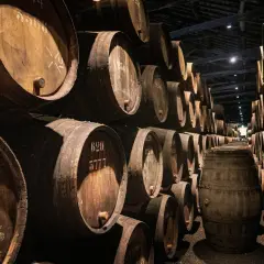 Cave à vin sombre remplie de nombreux fûts en bois empilés.