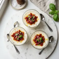 Trois verrines de panna cotta salée, garnies de tomates séchées, basilic frais et filet d'huile d'olive. Une touche d'originalité pour un apéritif raffiné.