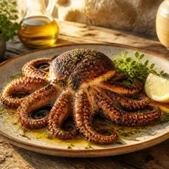 Un délicieux poulpe à la plancha, grillé à la perfection, servi avec du citron et des herbes fraîches.