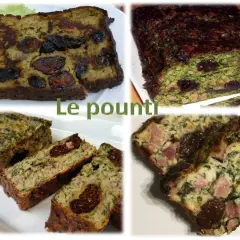 Tranches de pounti auvergnat, un plat traditionnel avec des pruneaux, de la viande et des légumes verts.