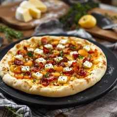 Une délicieuse pizza savoyarde, garnie de lardons croustillants, de pommes de terre fondantes et de fromage, prête à être dégustée.