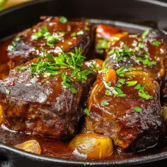 Quatre morceaux de joue de bœuf confite, nappés d'une sauce riche et garnie de persil frais, mijotent dans une poêle en fonte avec des oignons caramélisés.