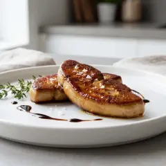 Deux escalopes de foie gras poêlé, dorées et savoureuses, garnies de fleur de sel et d'une touche de réduction de balsamique, sur une assiette blanche avec une branche de thym.