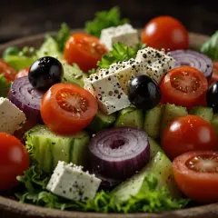 Une salade à la grecque fraîche et colorée avec des cubes de feta, des tomates cerises, des olives noires, des concombres et des oignons rouges.