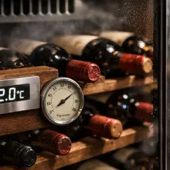 Cave à vin avec bouteilles de vin rouge. Un thermomètre affiche 12.0°C, garantissant la température idéale.