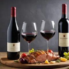 Un festin gourmand : un délicieux rosbif accompagné de deux verres de vin rouge et de ses bouteilles.