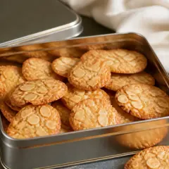 Une boîte en métal remplie de tuiles aux amandes croustillantes et dorées, prêtes à être dégustées.