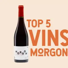Une bouteille de vin rouge Morgon, un vin de garde, mise en avant avec le texte "TOP 5 VINS MORGON".