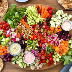 Plateau coloré de salade de crudités : tomates, concombres, carottes, radis, oignons rouges, raisins, olives, noix, et pains pita. Deux trempettes crémeuses sont incluses.