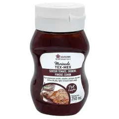 Bouteille de marinade Tex-Mex Soussana, saveur tomate, oignon, piment, cumin. Idéale pour assaisonner viandes, volailles, poissons et légumes.