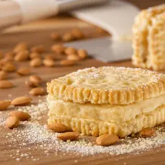Trois biscuits joconde empilés, saupoudrés de sucre glace, entourés d'amandes sur une planche en bois.